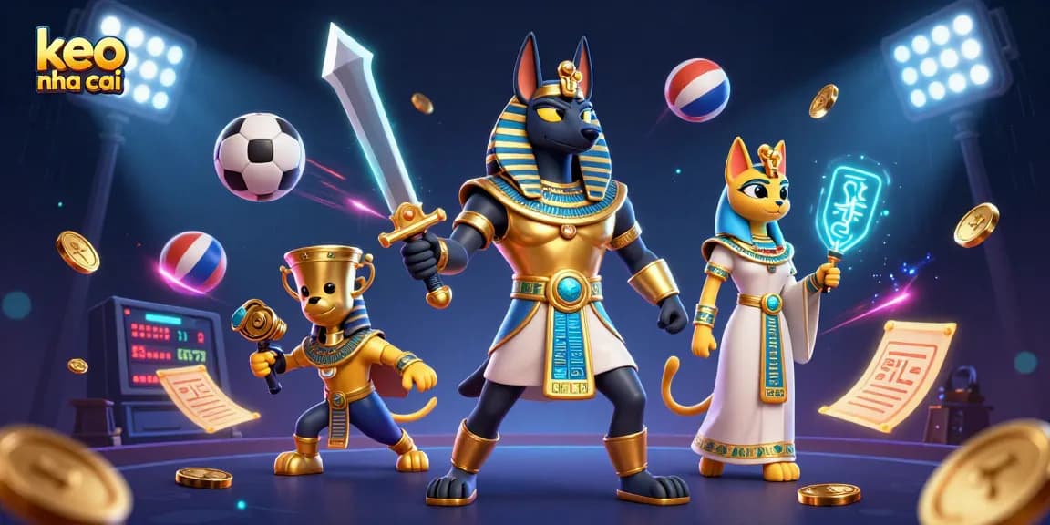 Visualize keo nha cai with Anubis, Bastet, and dynamic sports elements in a vibrant casino scene.