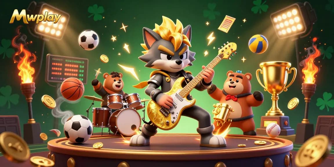 Mwplay captivates players with an energetic 3D scene of a wolf rock star and drummer bear performing on a casino stage.