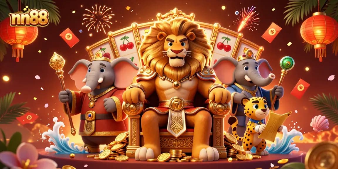 Experience thrilling slot adventures with nn88's vibrant casino illustration featuring a lion king.