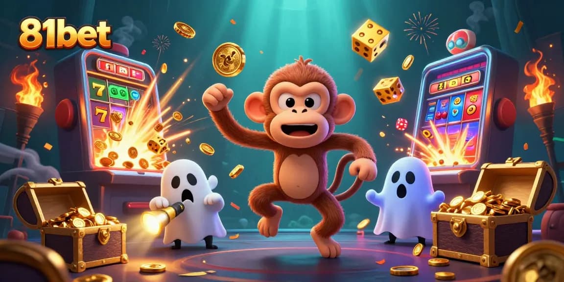 Play exciting games on 81bet while a mischievous spirit juggles golden casino elements in a vibrant setting.