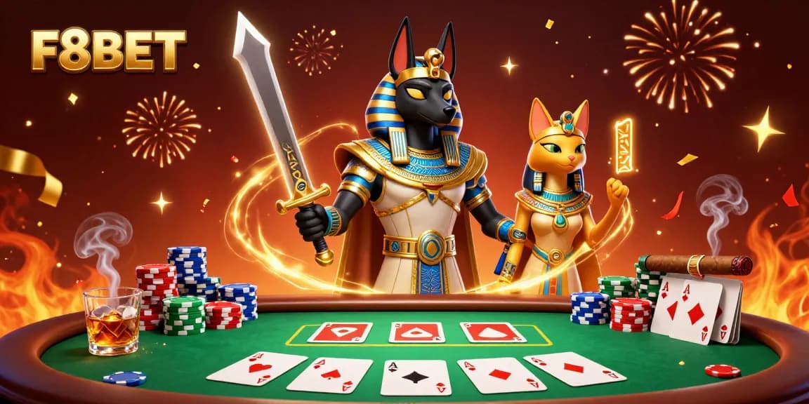 F8BET empowers players with vibrant poker action featuring Anubis and Bastet amidst colorful chips and cards.