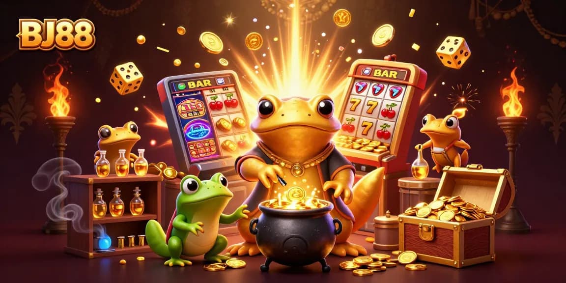 BJ88 showcases a vibrant illustration of a golden salamander alchemist in a bustling casino scene, capturing the thrill of winning.
