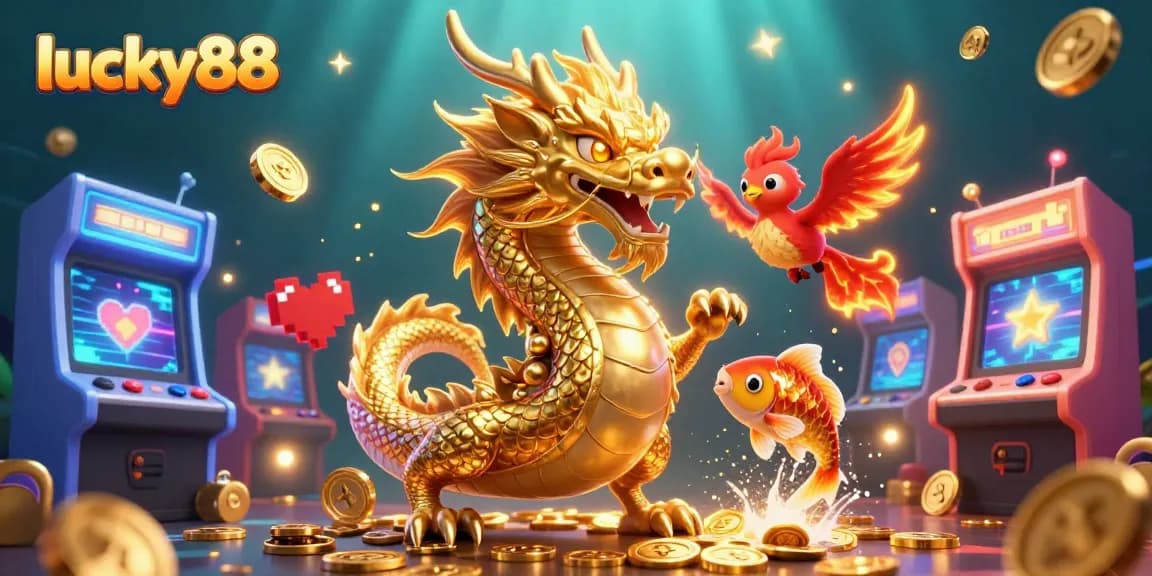 Experience the excitement of lucky88 with a vibrant dragon and koi fish illustration in a casino atmosphere.