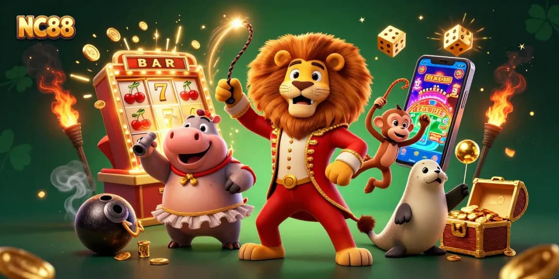 Join the excitement at NC88 with a vibrant 3D casino illustration featuring engaging characters and jackpot elements.