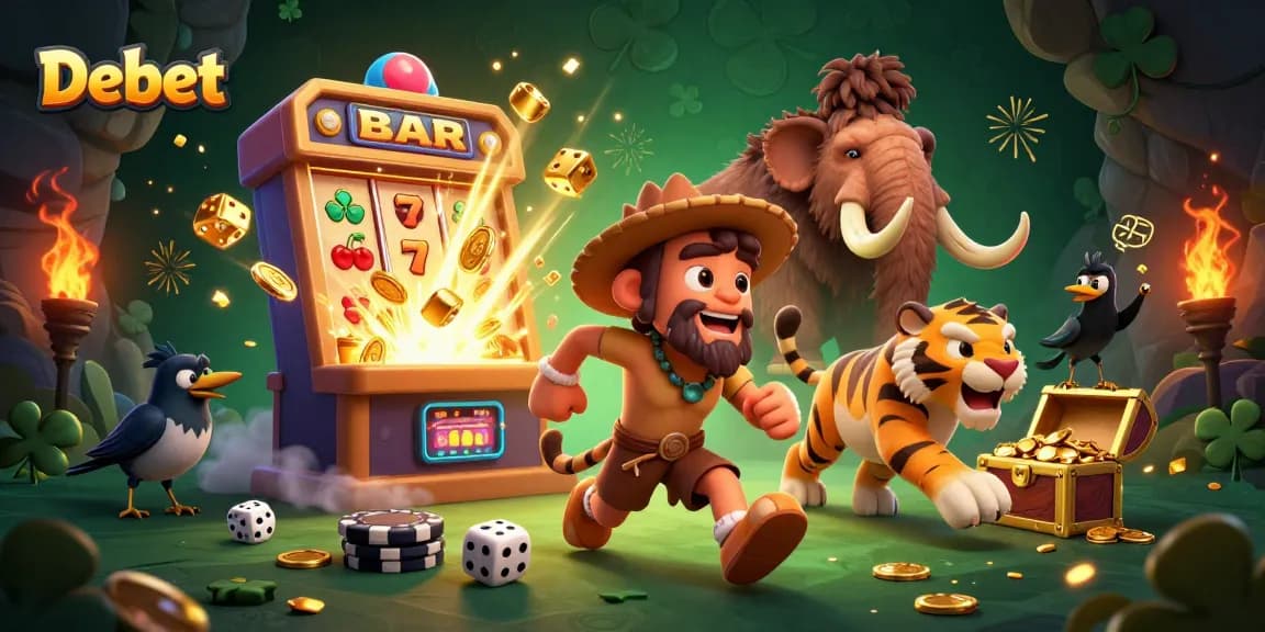Play thrilling games at Debet with a dynamic prehistoric casino scene featuring engaging characters and vibrant graphics.