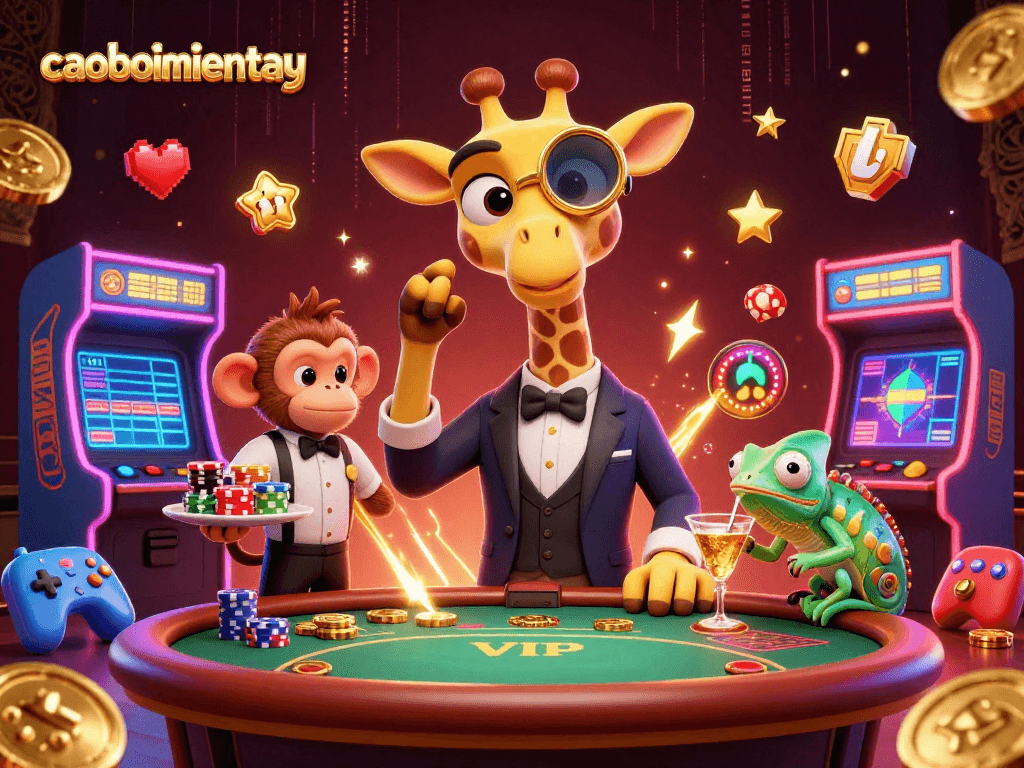Experience thrilling gaming action at caoboimientay with a high-roller giraffe, entertaining monkey valet, and chameleon bartender mixing drinks.