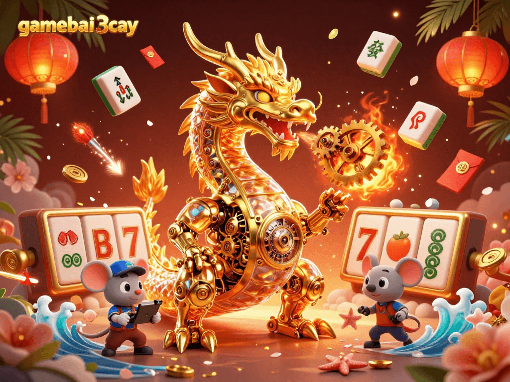 Experience thrilling gameplay with gamebai3cay, showcasing a vibrant 3D cartoon scene filled with slot game elements.