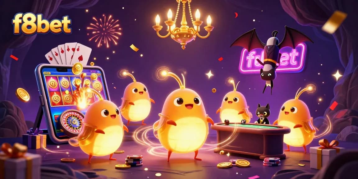 Play exciting games at f8bet with a vibrant 3D casino scene featuring bioluminescent characters and slot games.