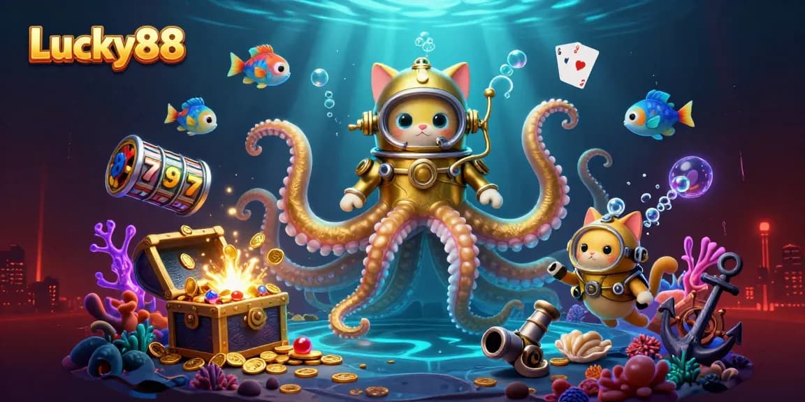 Experience exciting gameplay at Lucky88 with a colossal kraken and diving cat amidst treasures symbolizing big wins.