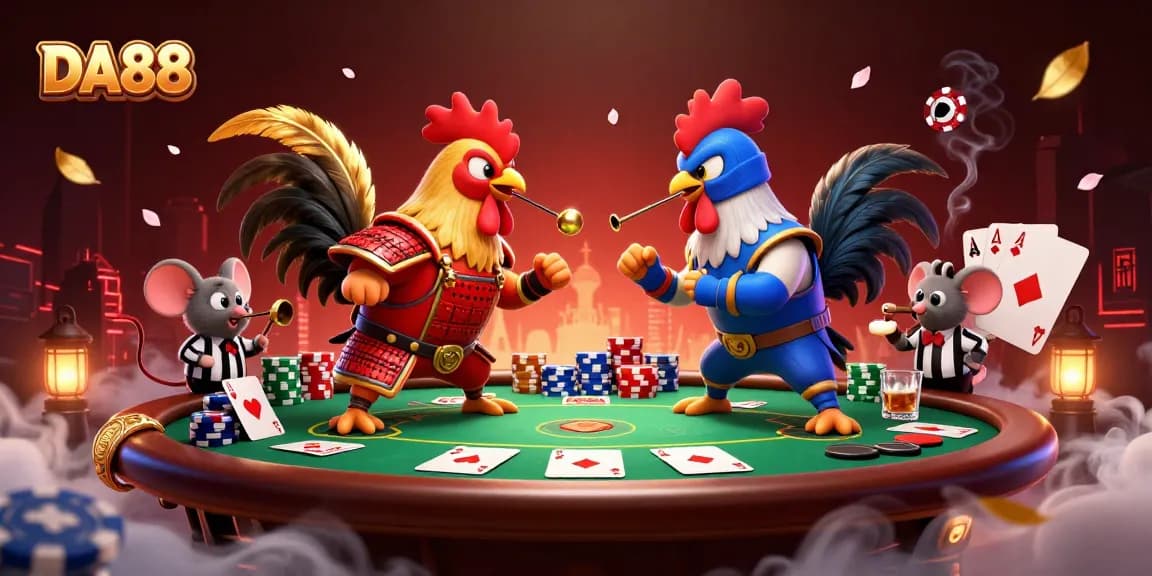 DA88 showcases powerful roosters in a fierce poker battle amid colorful casino elements.