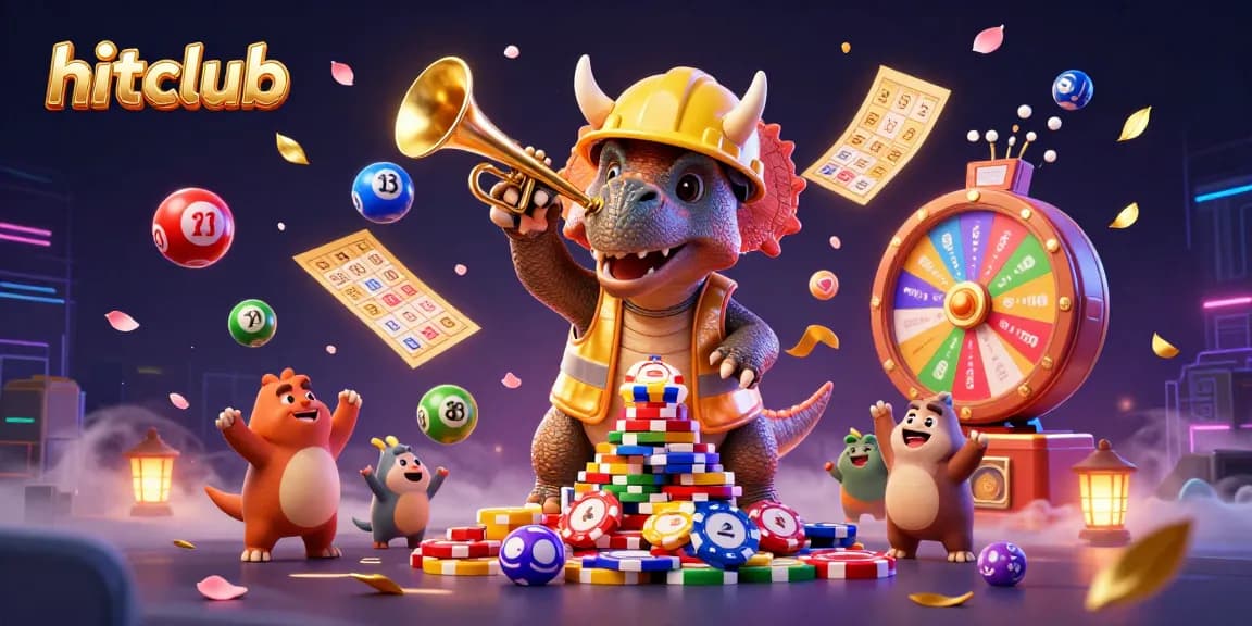 Experience the fun of hitclub with vibrant lottery balls, poker chips, and lively characters in a dynamic gambling scene.