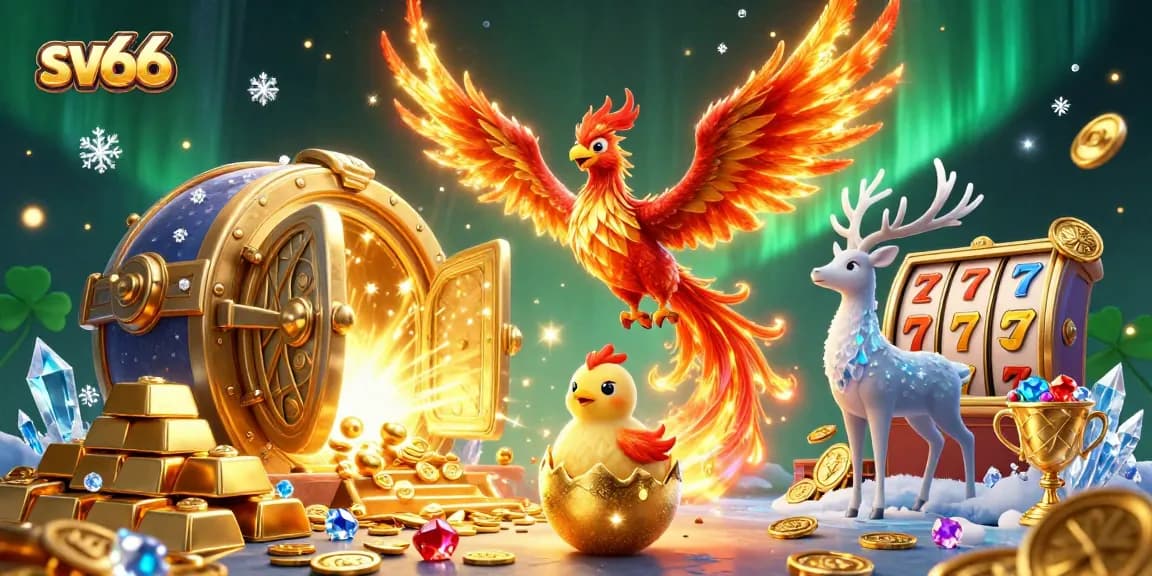 Win big at sv66 with an exciting casino scene featuring a fire phoenix and golden treasures.