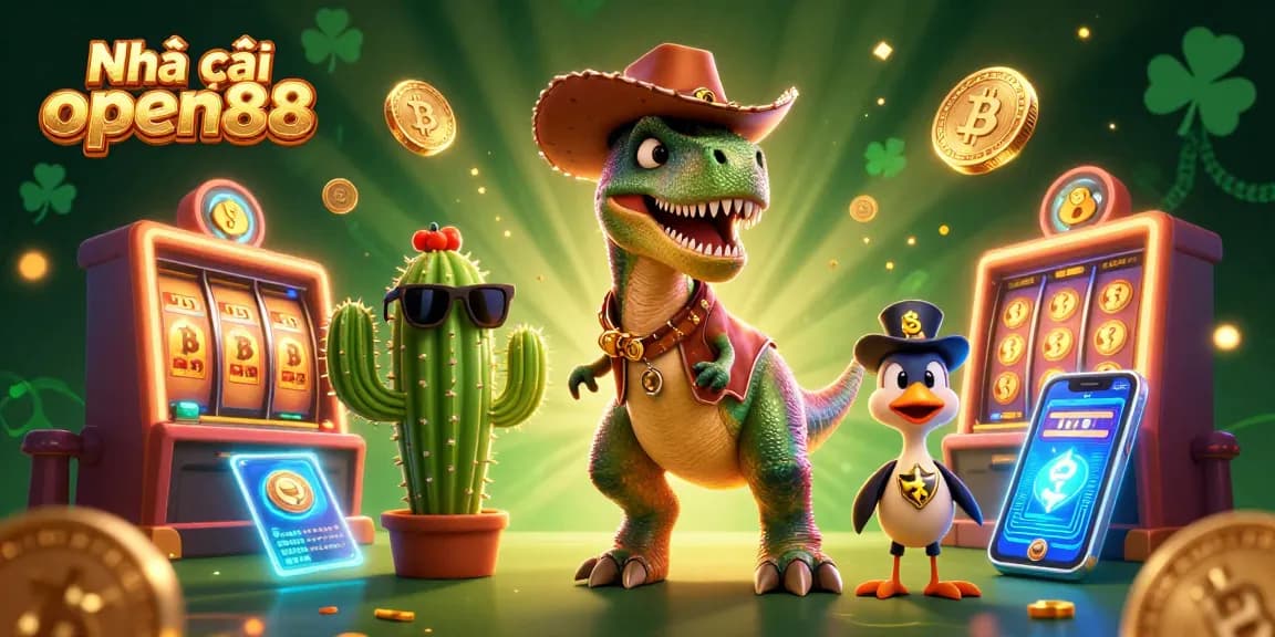 Engage with Nhà cái open88 in a lively casino environment featuring exciting characters and casino elements.