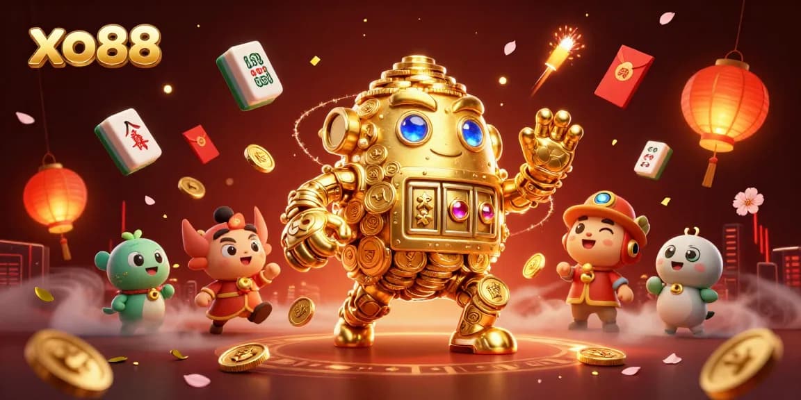 Engage with xo88's thrilling slots scene featuring a golden golem amidst vibrant casino elements.