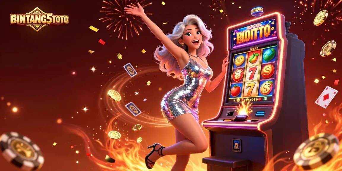 BINTANG5TOTO brings excitement with a jackpot-winning woman at a vibrant casino, enriched by slot reels and festive decorations.