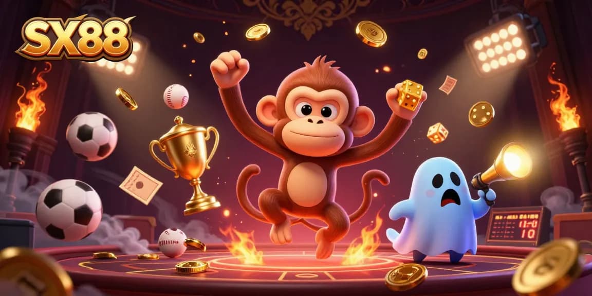 SX88 showcases winning strategies with a lively poltergeist monkey and curious puppy amidst a casino atmosphere.