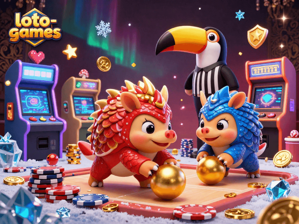 Engage in exciting games at loto-games with dynamic rivalry between pangolins in a casino-themed scene.