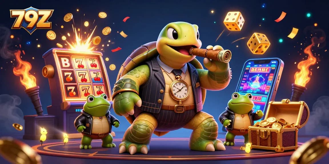 Experience the excitement of 79Z with a cartoon turtle mobster in a vibrant casino scene.