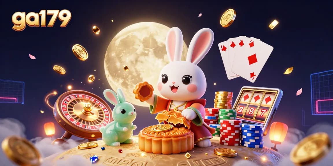Win big with ga179 while the moon rabbit reveals poker chips in a vibrant casino landscape.
