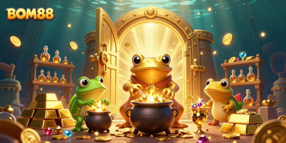 BOM88 enhances online gaming with a vibrant 3D depiction of a golden alchemist casting spells of wealth.