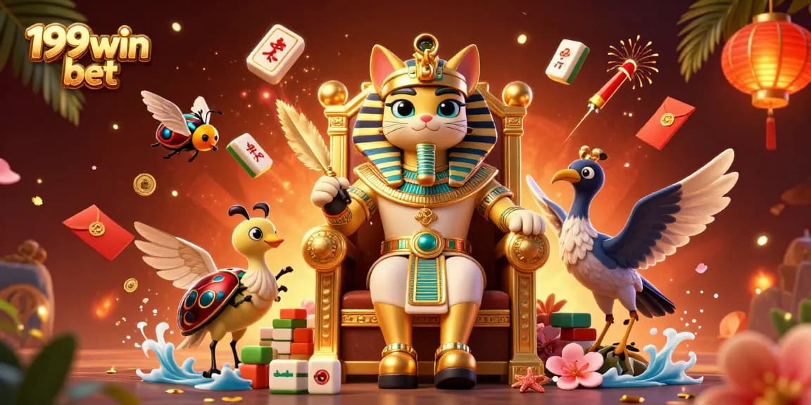 Engage with 199win bet's exciting casino experience featuring a cartoon pharaoh cat and live game elements.