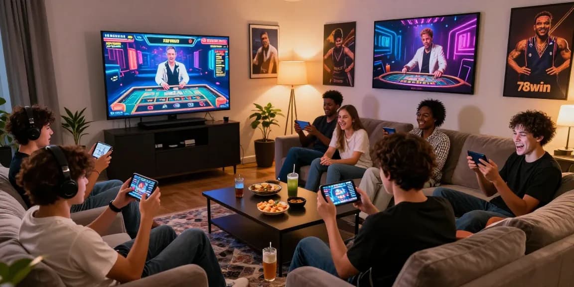 Players enjoying the engaging experience of 78win online gaming, showcasing excitement in a cozy room.