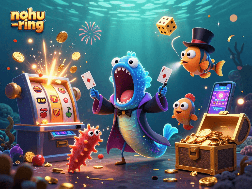 Exciting nohu-ring casino adventure with vibrant characters and slot machine elements bursting with rewards.