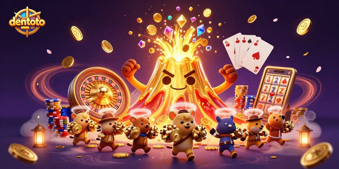 Dive into the excitement of dentoto's slot gaming with a golden volcano erupting treasures!