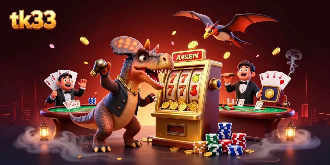 tk33 jackpots soar as a cartoon pachycephalosaurus interacts with a golden slot machine amid wild casino excitement.