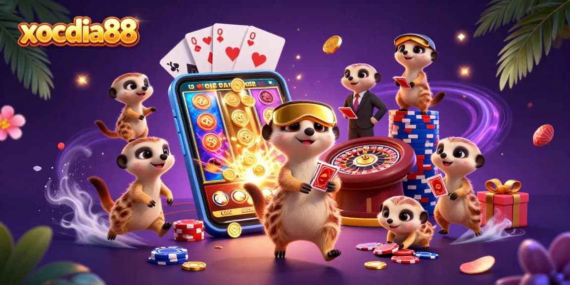 Xocdia88 showcases a vibrant 3D scene of meerkats engaging in dynamic casino activities.