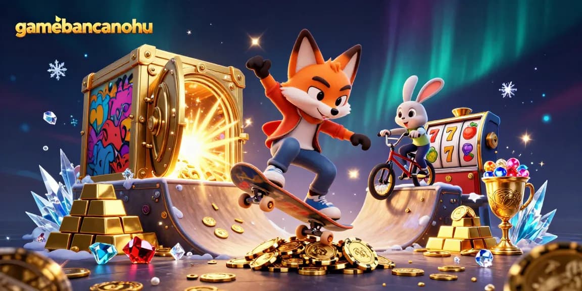 Experience excitement with gamebancanohu as a fox skates over poker chips amidst jackpot delights.
