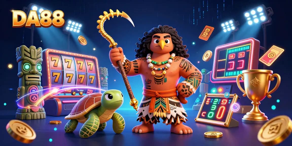 Experience the thrill of DA88 with vibrant 3D casino elements and dynamic characters in action.