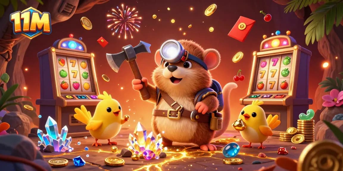 Engage with thrilling 11M casino adventures featuring a treasure hunter mole and vibrant gaming elements.