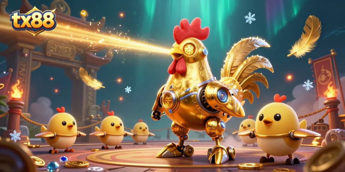 Engage with tx88's exciting dragon-powered betting arena featuring golden rooster robots and dazzling elements.