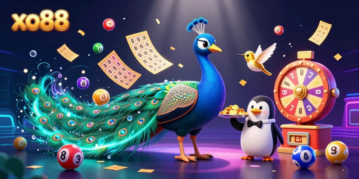 Engage with xo88's vibrant scene of lottery excitement featuring a peacock and a penguin.