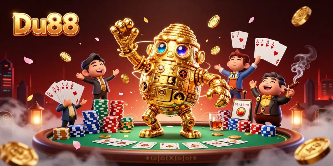 Engage with Du88's thrilling poker action, highlighted by a golden golem and vibrant casino elements.