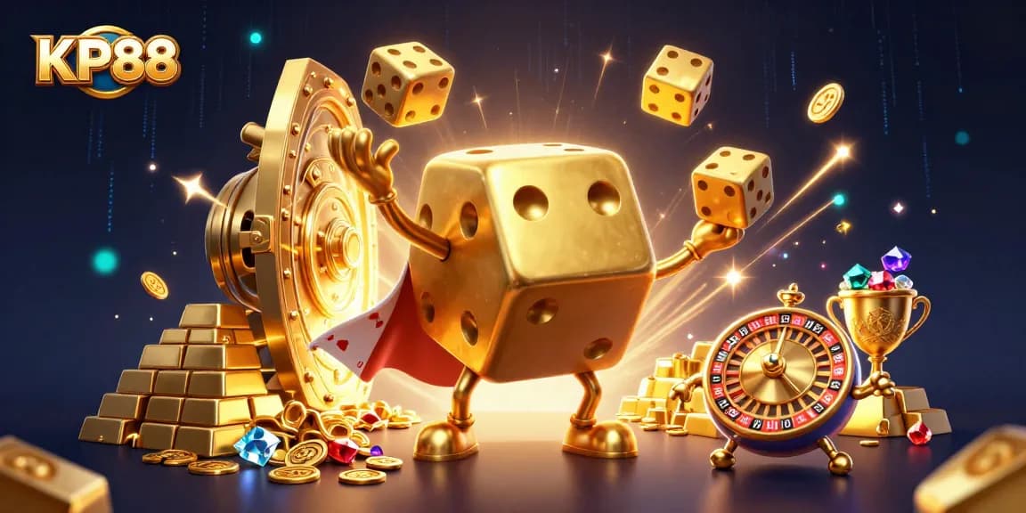 Spin a win at KP88 with golden dice and sparkling treasures in this lively casino illustration.