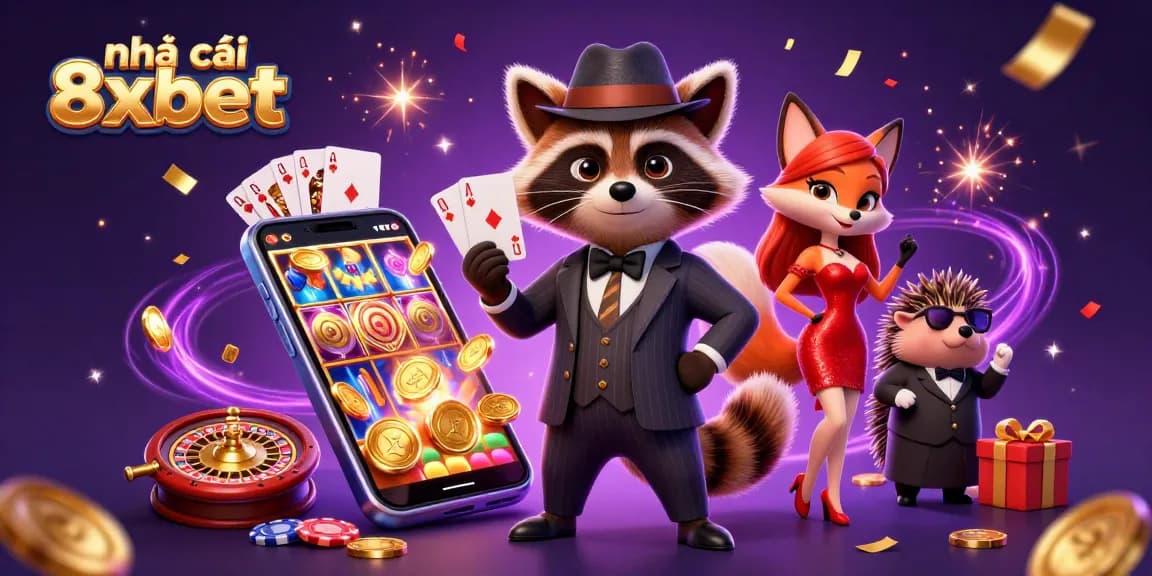 Win big at nhà cái 8xbet with an action-packed casino scene featuring slot games and card play.