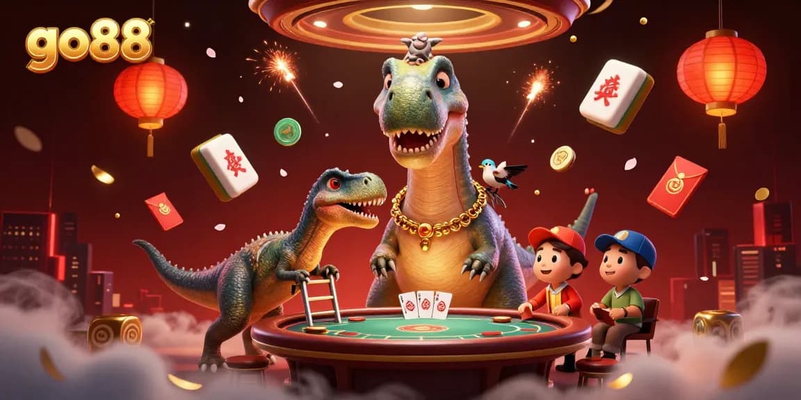 Experience go88 with a gigantic brontosaurus watching a poker game below, surrounded by vibrant casino elements.