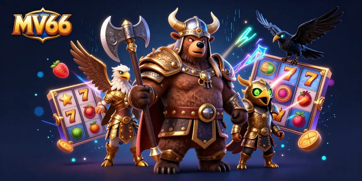 Experience thrilling slots action with MV66 featuring a Viking bear, Valkyrie eagle, and vibrant elements.