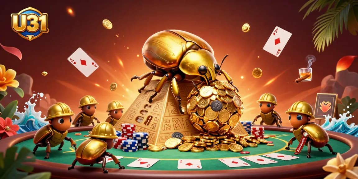 Experience massive golden dung beetles rolling coins at U31 casino with vibrant poker elements in an elaborate scene.