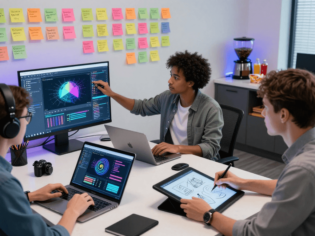 Collaboration scene showcasing nsfw ai content creation in a modern office with diverse professionals and tech tools.