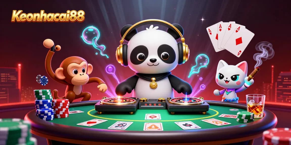 Join the fun at Keonhacai88 with vibrant casino characters spinning roulette and dancing joyfully.