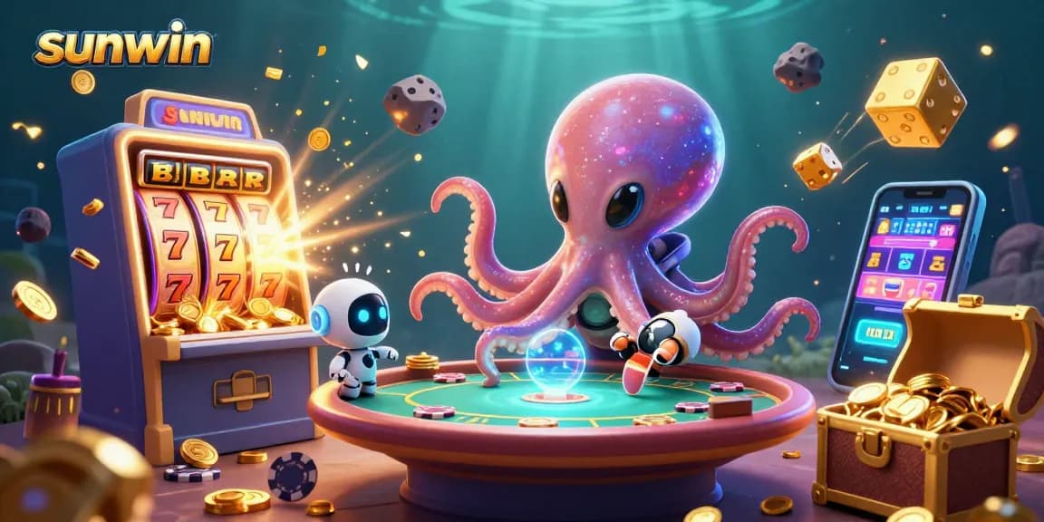 Join the alien octopus at sunwin's cosmic poker table amidst vibrant slot symbols and confetti bursts.