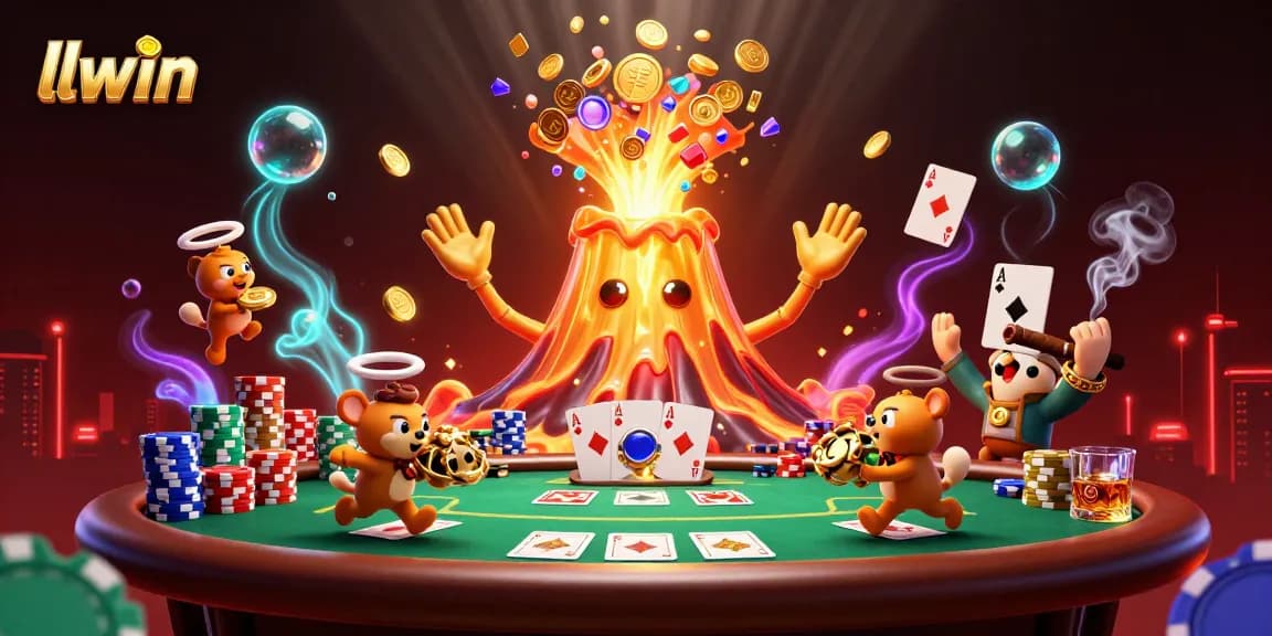 Experience llwin's thrilling jackpot with a golden volcano erupting treasures and poker elements.