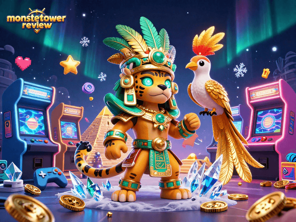 Engage with monstertowerreview through a colorful 3D cartoon illustration of a Mayan priest and game elements.