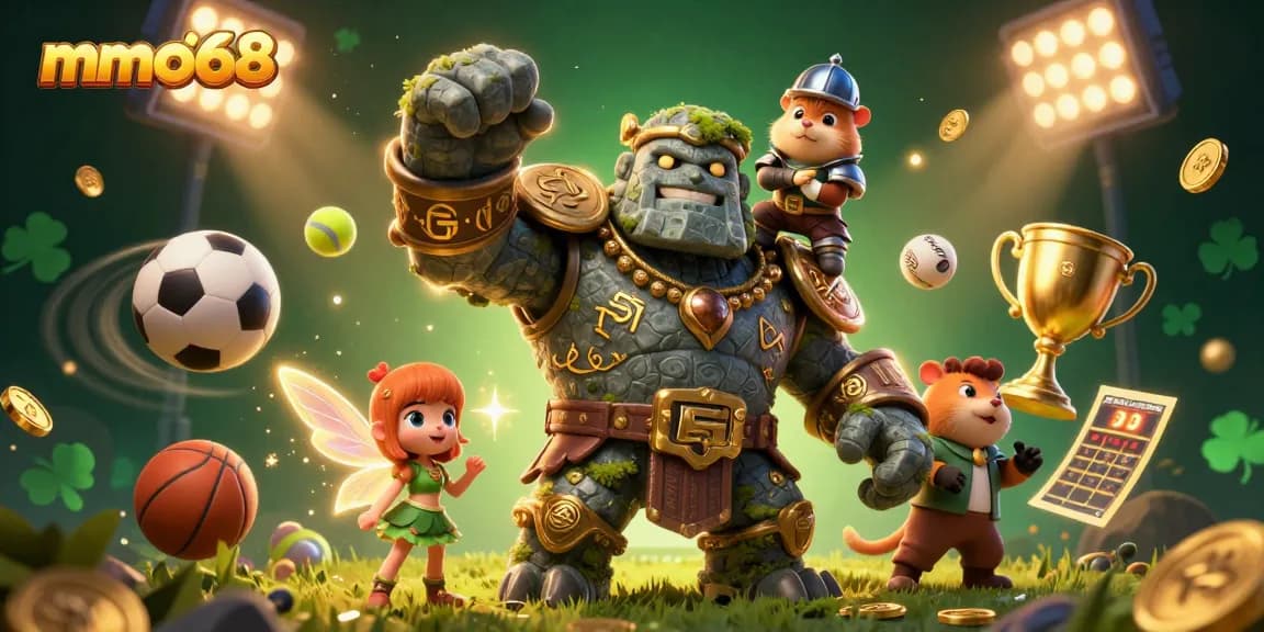 Experience the excitement of mmoo68 with a 3D golem, fairy, and hamster knight amidst flying sports elements and magical coins.