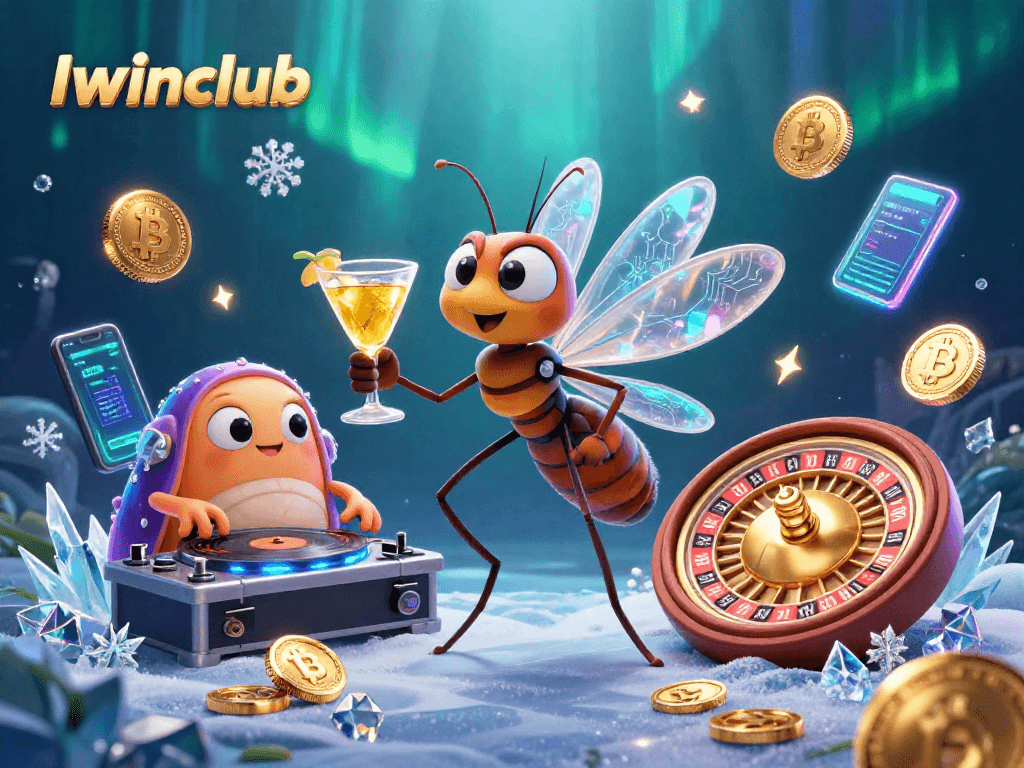 Iwinclub showcases a lively casino scene with characters and vibrant crypto elements.