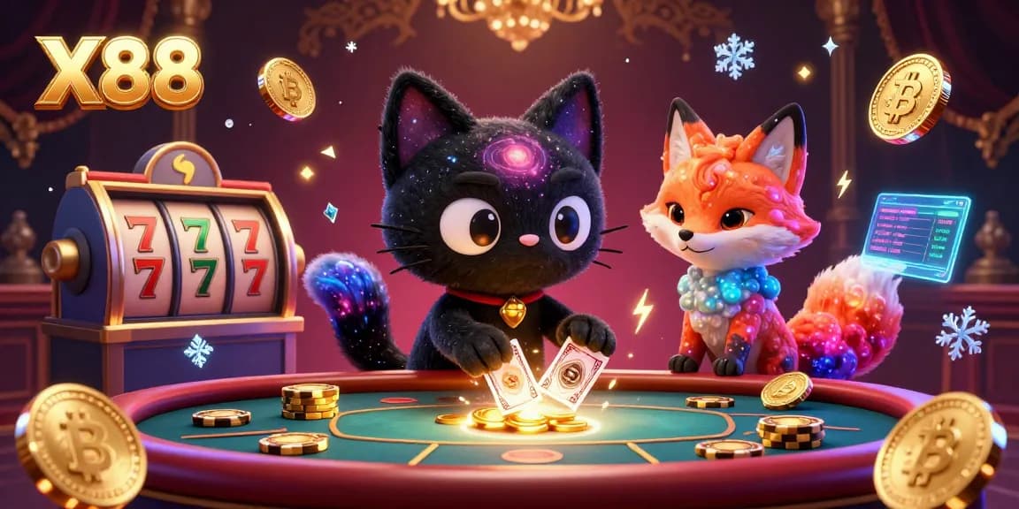 X88 engages players with thrilling cosmic casino gameplay, surrounded by floating crypto coins and slot reels.
