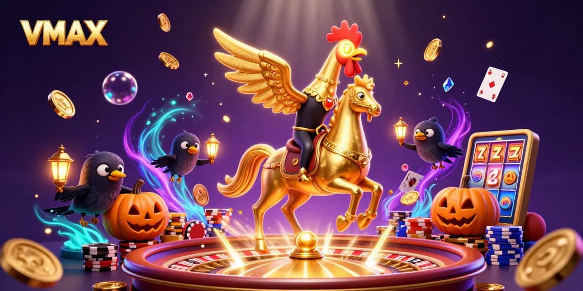 Experience VMAX gaming excitement with a golden rooster and casino elements amidst vibrant effects.